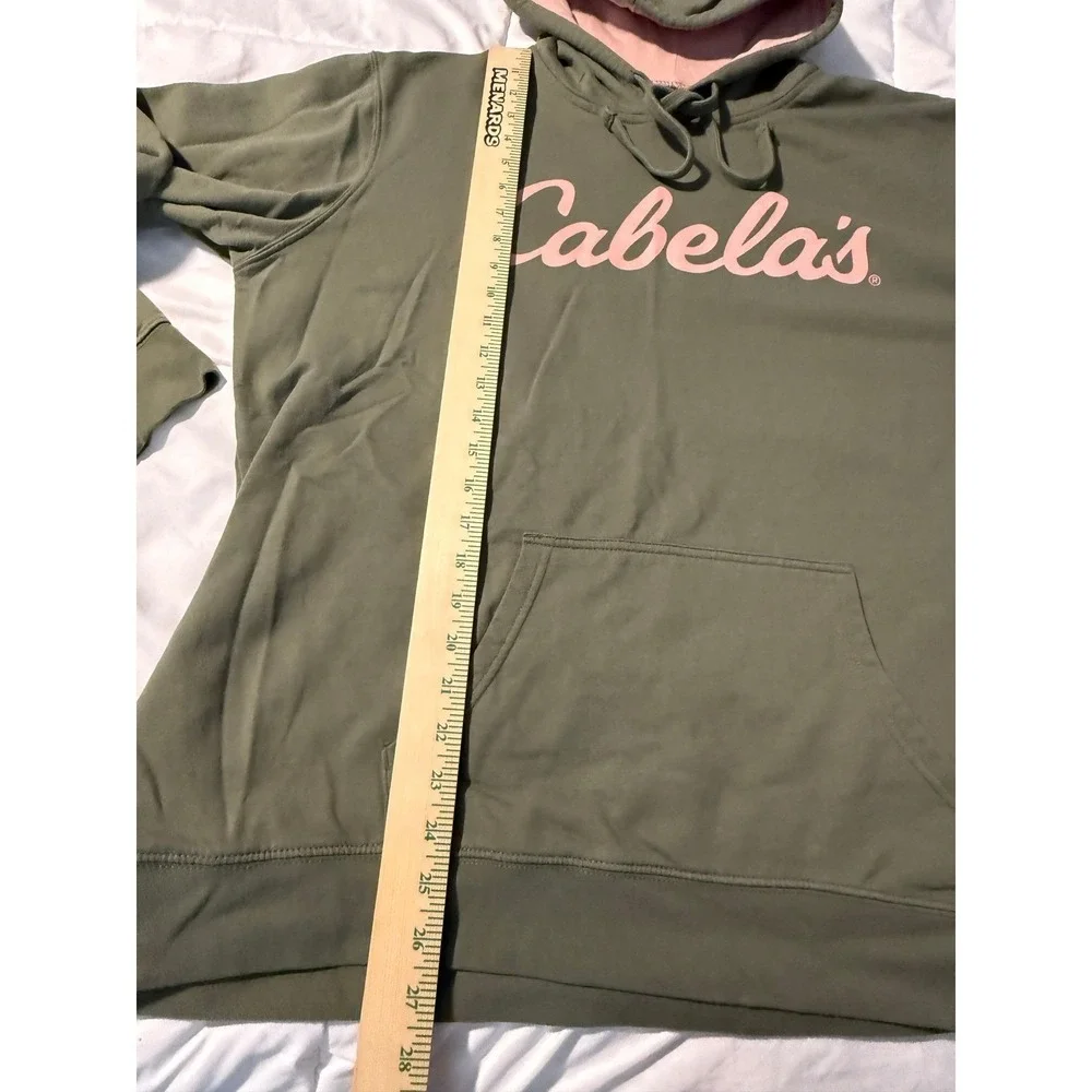 Cabela's Mens 2XL Olive Green Pullover Hoodie Pink Script Logo Fleece Sweatshirt